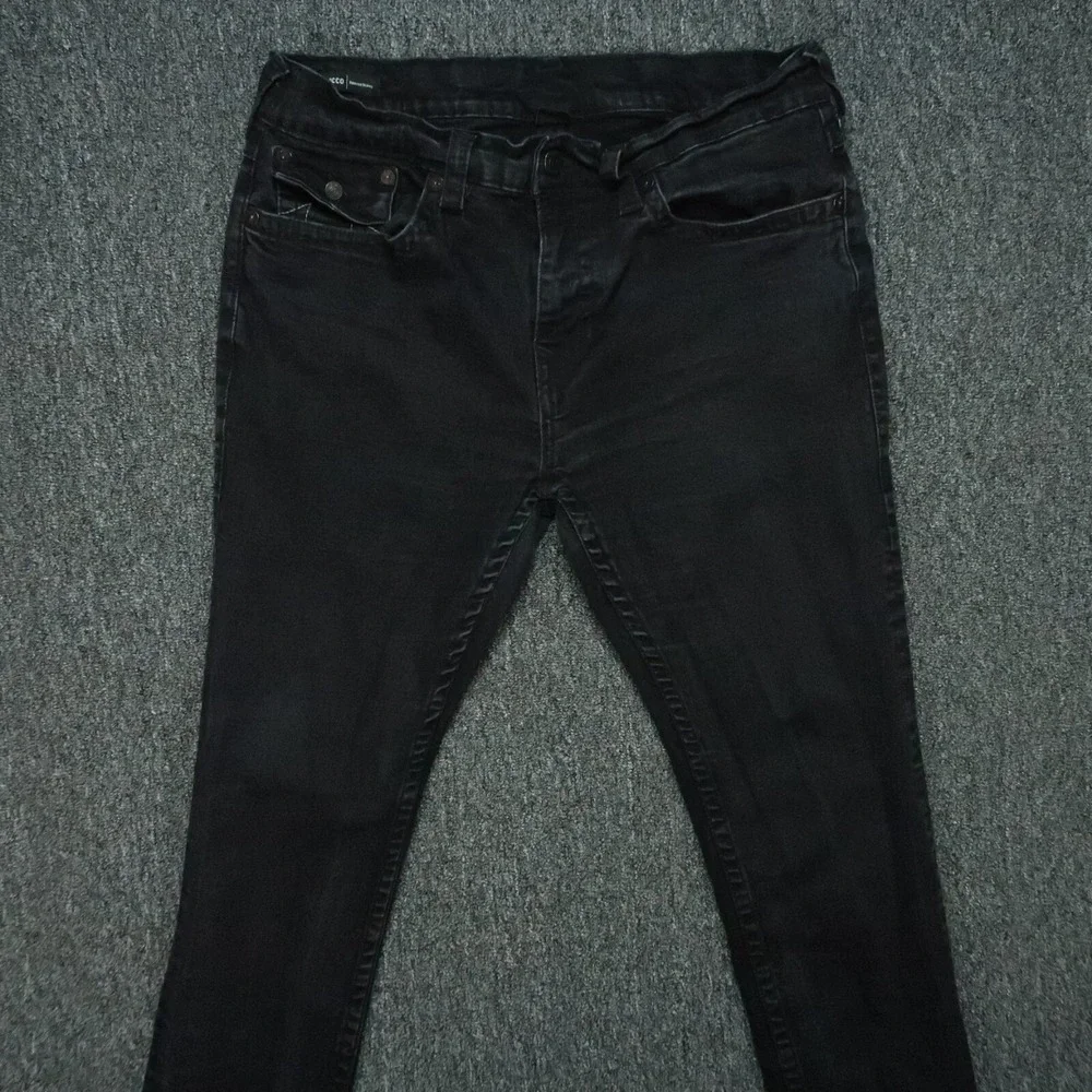 True Religion Jeans Men 38x33 Black Rocco Relaxed Skinny 5 Pocket Flaps